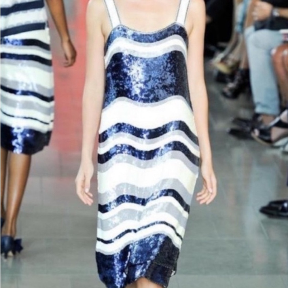 Tory Burch Sequin Blue and White Striped Dress (Medium)